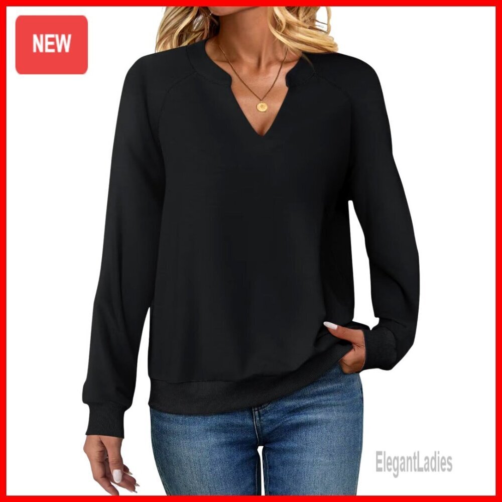 Long Sleeve V-Neck Sweatshirt Casual Pullover Loose Fit Lightweight